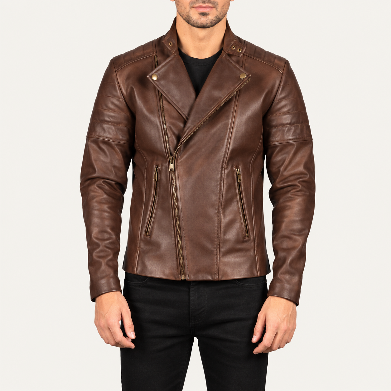 Men's Vintage Brown Leather Biker Jacket – Asymmetrical Zip Motorcycle Jacket Gallery